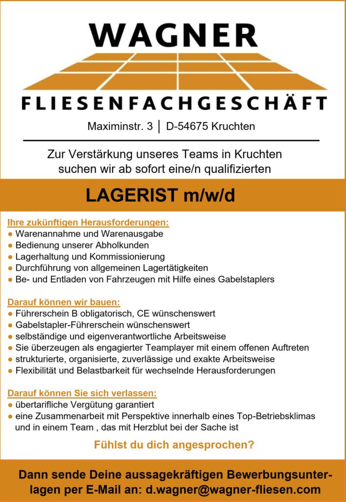Stellenanzeige Lagerist in Kruchten